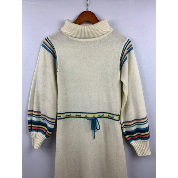 Vintage Cream Knit Dress With Striped Sleeves & Turtleneck - Picture 2 of 6